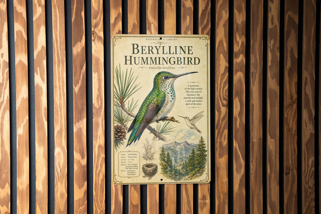 Berylline Hummingbird Metal Sign, Audubon-Inspired Ornithology Plate, Scientific Name, Range Map, Habitat Notes, Bird Wall Decor — photo 2
