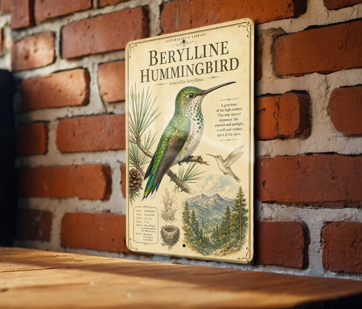 Berylline Hummingbird Metal Sign, Audubon-Inspired Ornithology Plate, Scientific Name, Range Map, Habitat Notes, Bird Wall Decor — photo 3