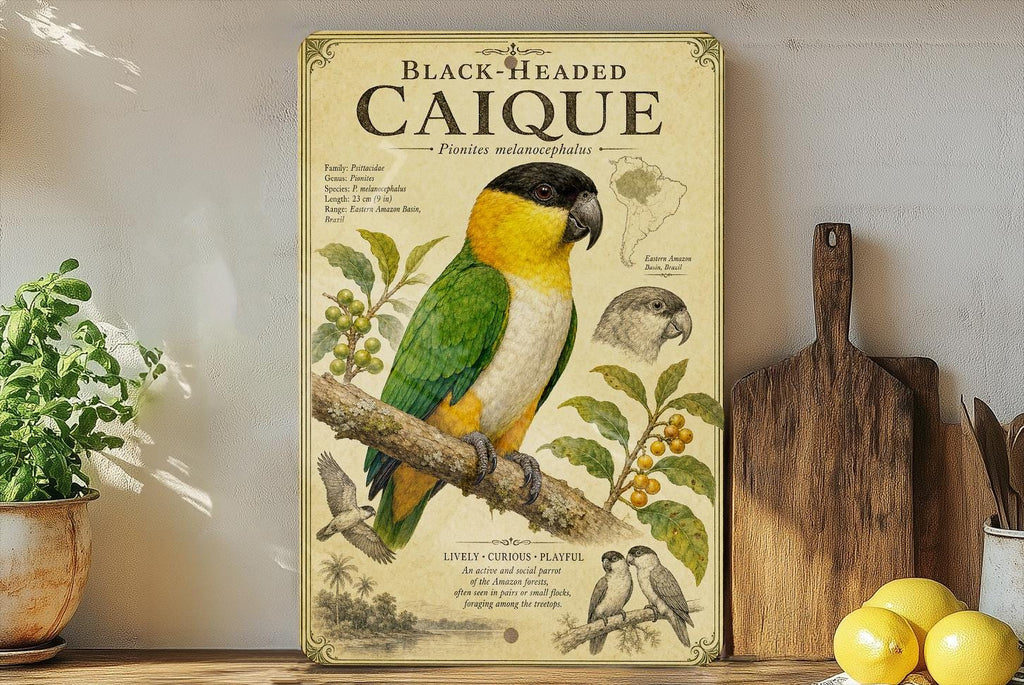 Black Headed Caique Metal Sign, Audubon Ornithology Specimen Plate, Scientific Bird Illustration with Range Map & Notes — photo 1