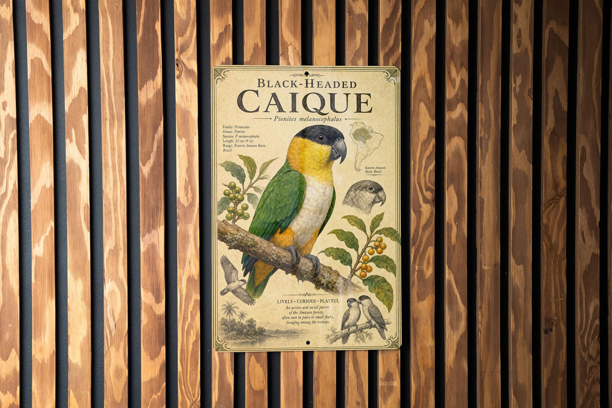 Black Headed Caique Metal Sign, Audubon Ornithology Specimen Plate, Scientific Bird Illustration with Range Map & Notes — photo 2