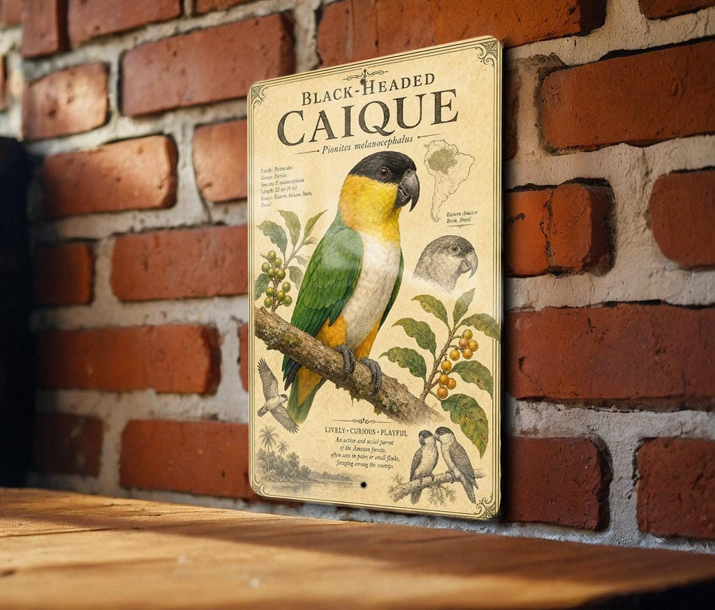 Black Headed Caique Metal Sign, Audubon Ornithology Specimen Plate, Scientific Bird Illustration with Range Map & Notes — photo 3