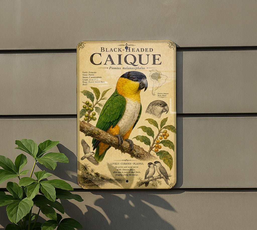 Black Headed Caique Metal Sign, Audubon Ornithology Specimen Plate, Scientific Bird Illustration with Range Map & Notes — photo 5
