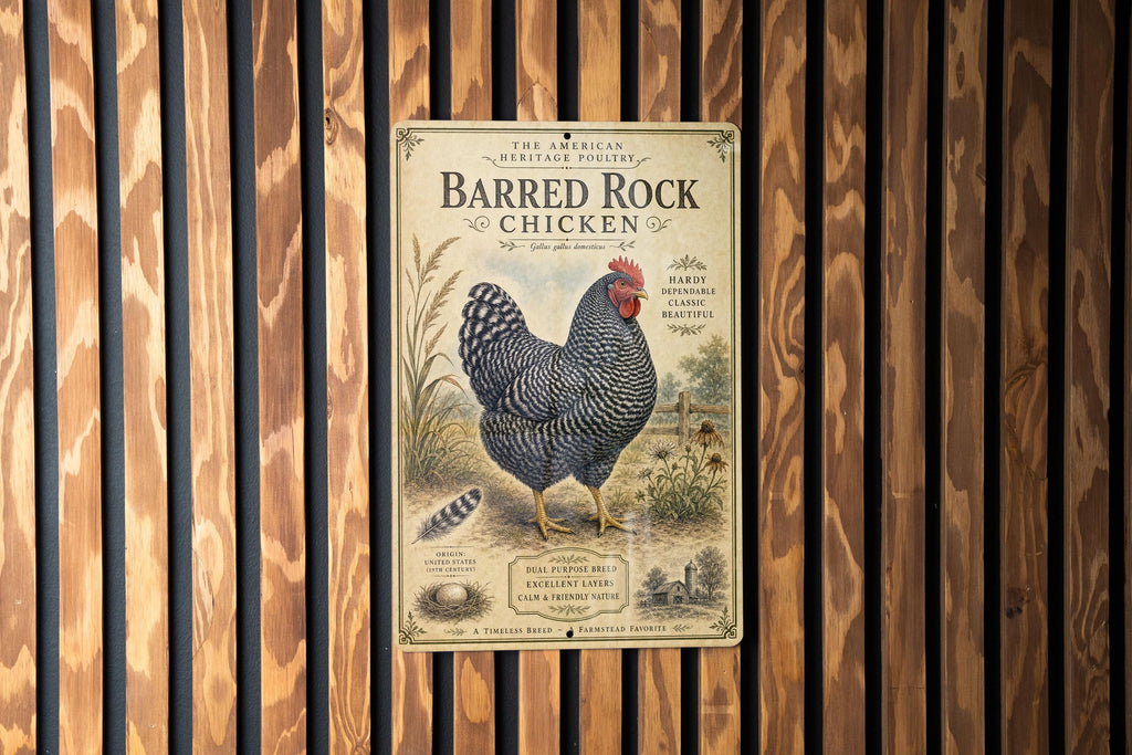 Barred Rock Chicken Metal Sign, Vintage Natural History Poultry Illustration, Scientific Specimen Plate Wall Decor for Farmhouse Cabin Lodge — photo 1