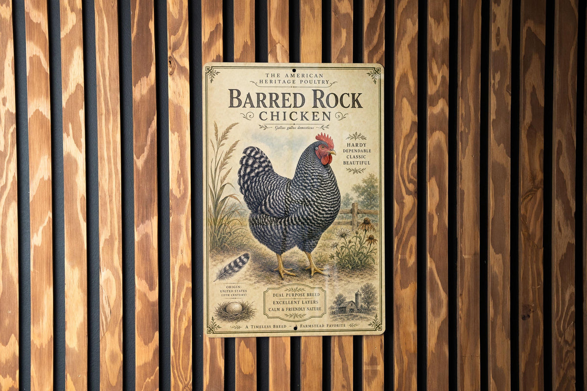 Barred Rock Chicken Metal Sign, Vintage Natural History Poultry Illustration, Scientific Specimen Plate Wall Decor for Farmhouse Cabin Lodge — photo 1