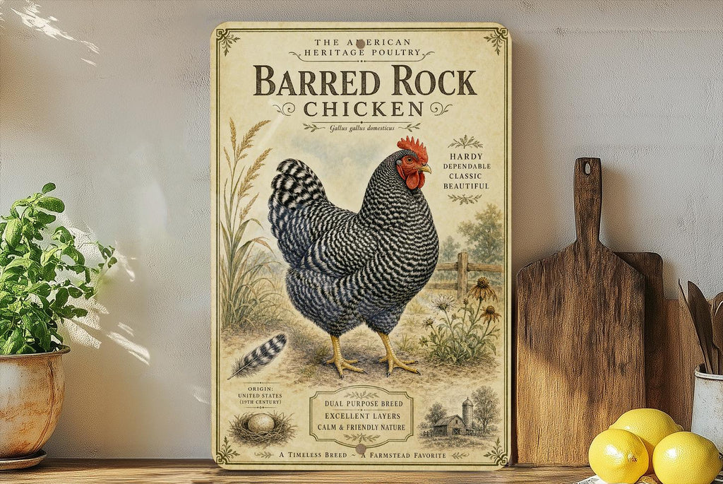 Barred Rock Chicken Metal Sign, Vintage Natural History Poultry Illustration, Scientific Specimen Plate Wall Decor for Farmhouse Cabin Lodge — photo 3