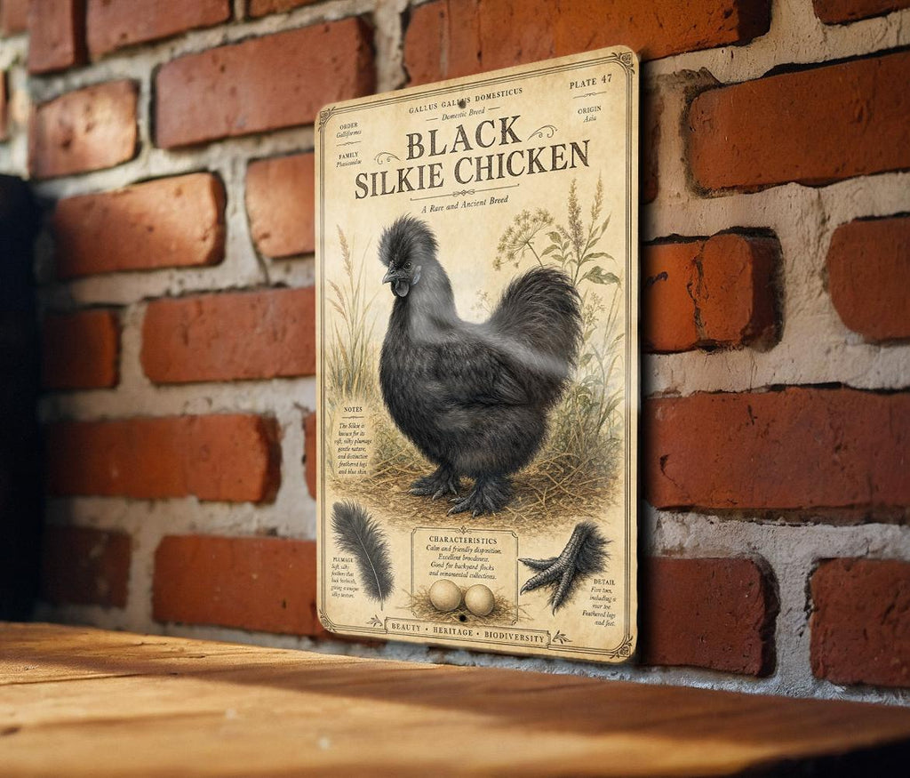 Black Silkie Chicken Metal Sign, Vintage Natural History Ornithology Specimen Plate with Scientific Name, Range Map & Notes — photo 1