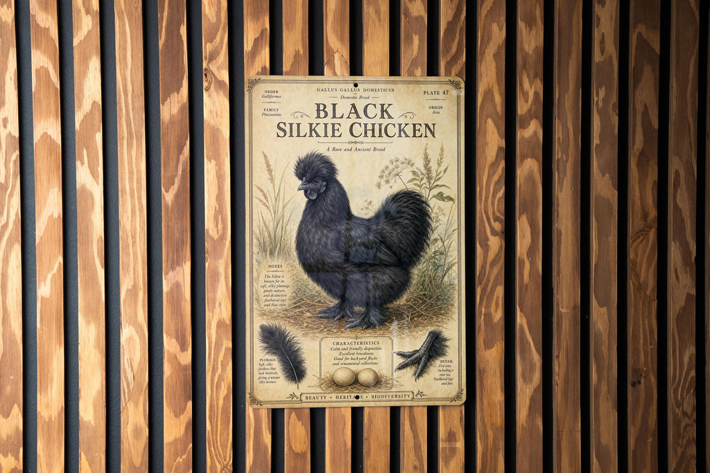 Black Silkie Chicken Metal Sign, Vintage Natural History Ornithology Specimen Plate with Scientific Name, Range Map & Notes — photo 3
