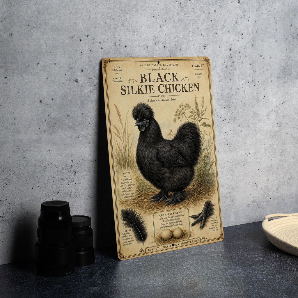 Black Silkie Chicken Metal Sign, Vintage Natural History Ornithology Specimen Plate with Scientific Name, Range Map & Notes — photo 4