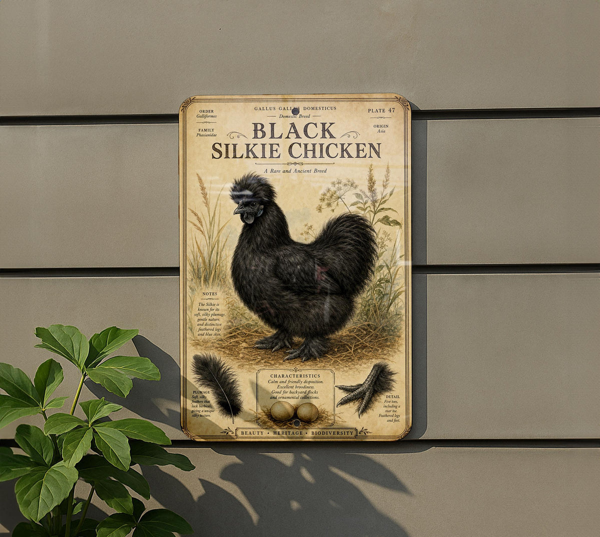 Black Silkie Chicken Metal Sign, Vintage Natural History Ornithology Specimen Plate with Scientific Name, Range Map & Notes — photo 5