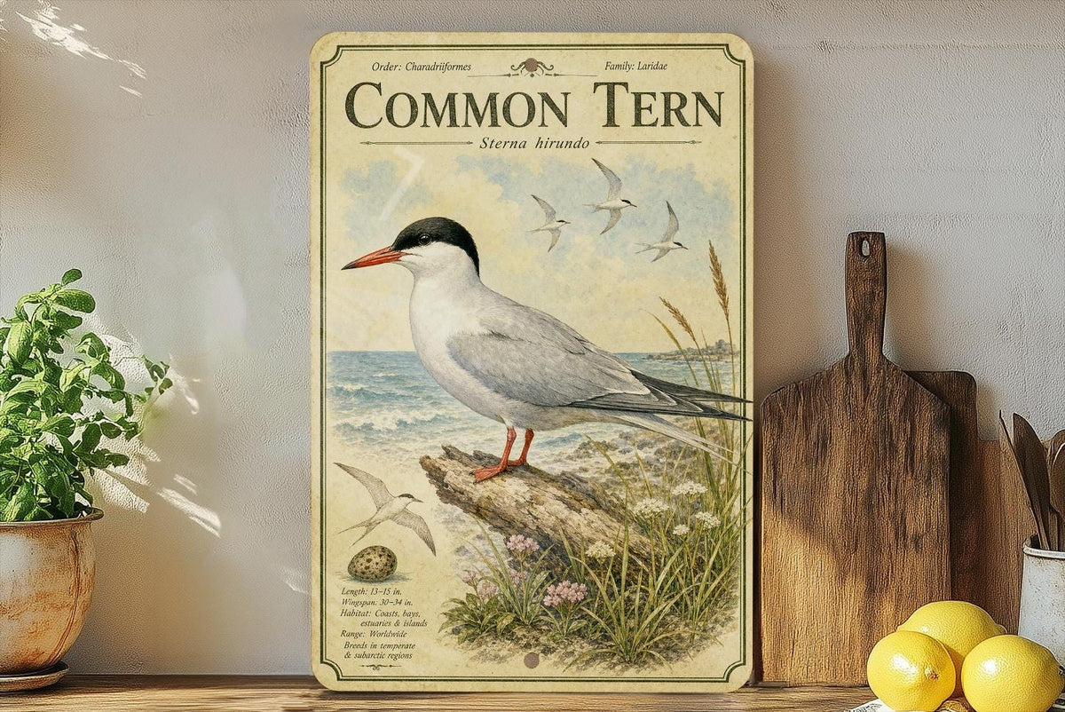 Common Tern Metal Sign, Audubon-Inspired Ornithology Illustration, Scientific Bird Plate with Range Map, Habitat Notes Decor — photo 3