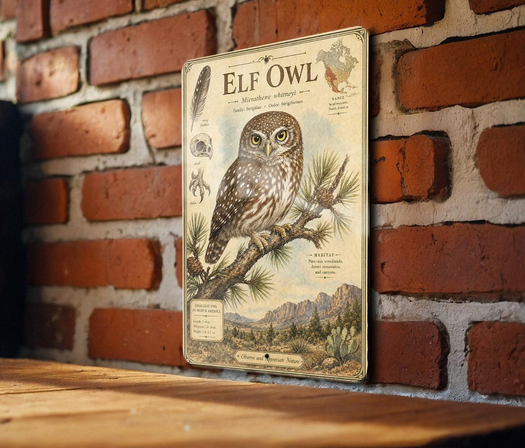 Elf Owl Metal Sign, Vintage Natural History Bird Plate, Scientific Name, Range Map, Habitat Notes, Cabin Lodge Wall Decor — photo 1