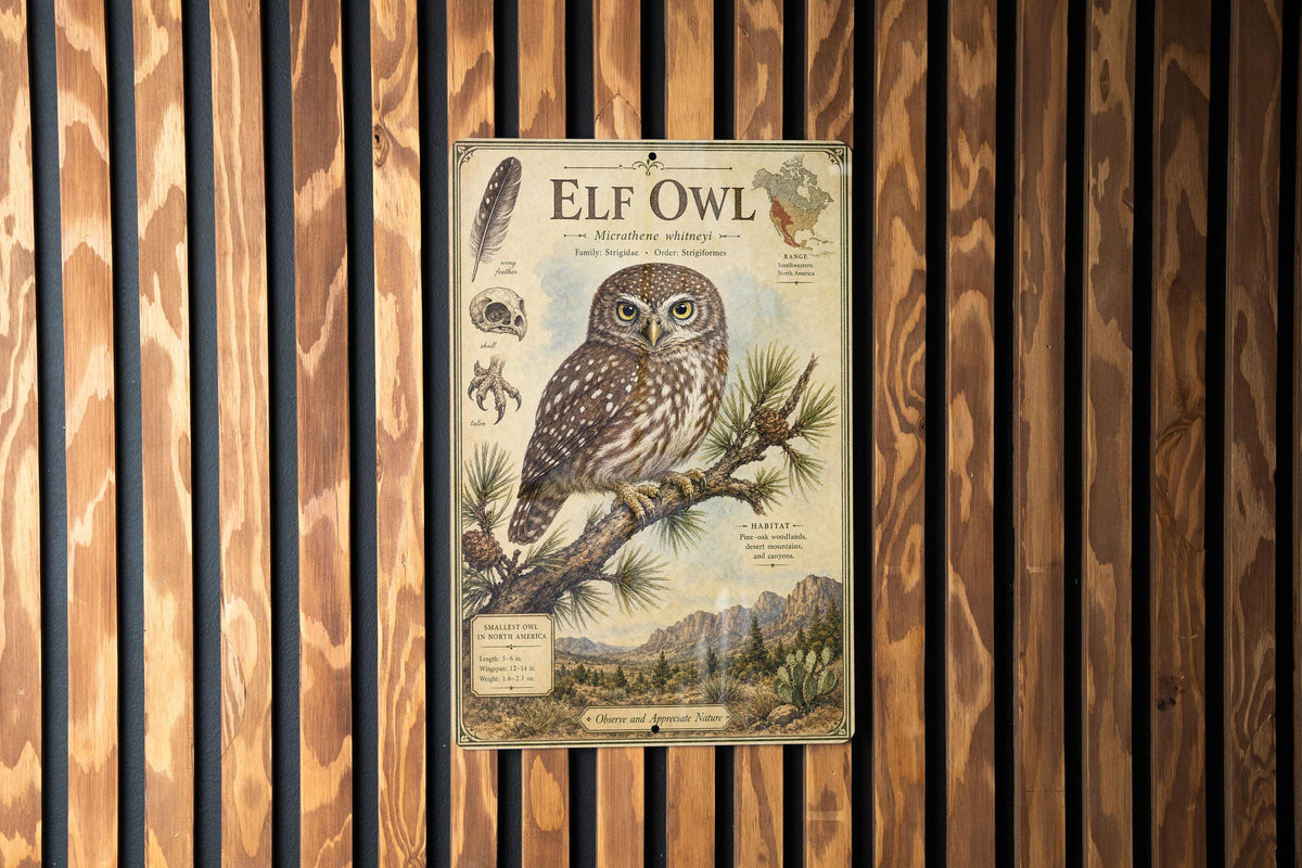 Elf Owl Metal Sign, Vintage Natural History Bird Plate, Scientific Name, Range Map, Habitat Notes, Cabin Lodge Wall Decor — photo 2