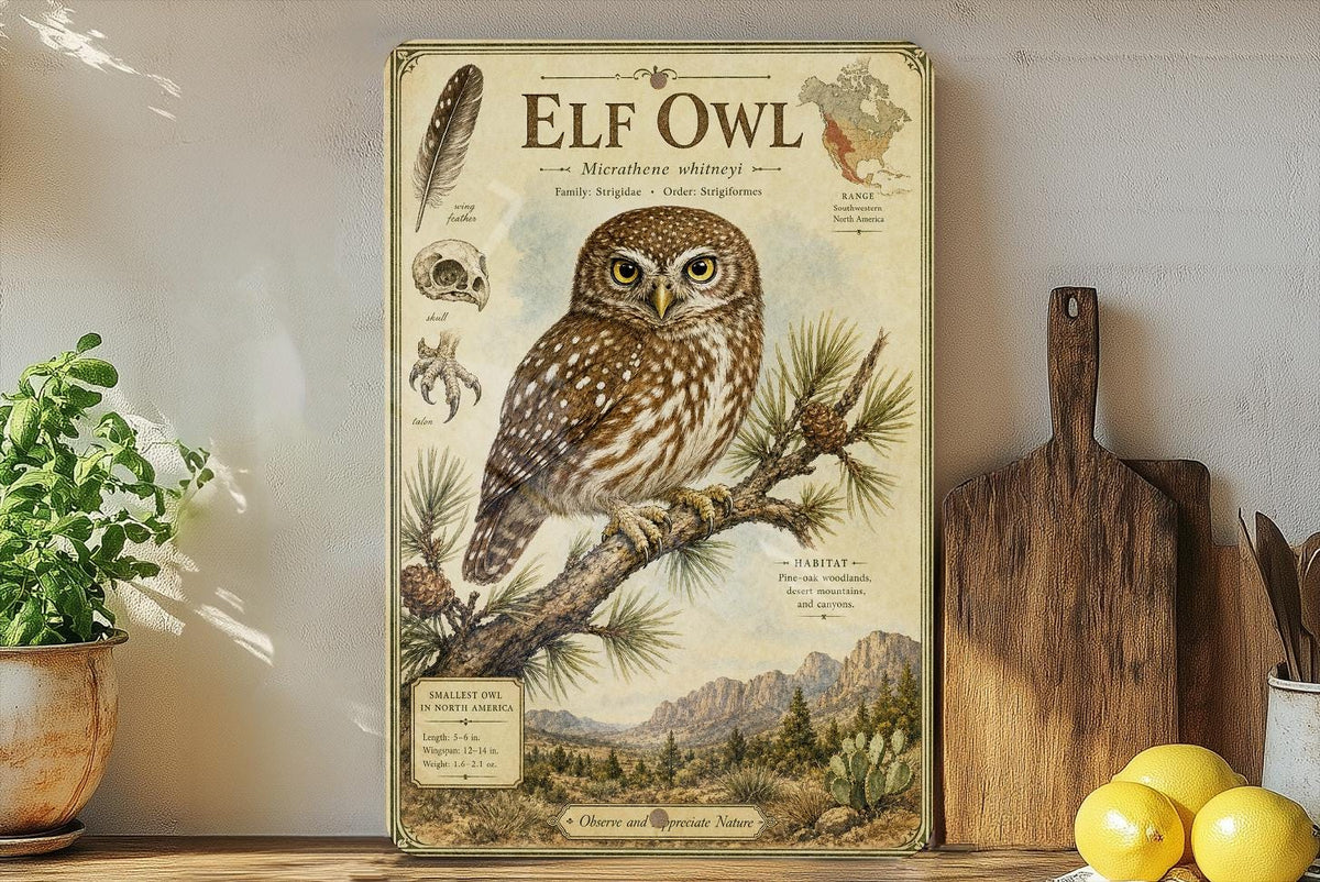 Elf Owl Metal Sign, Vintage Natural History Bird Plate, Scientific Name, Range Map, Habitat Notes, Cabin Lodge Wall Decor — photo 3