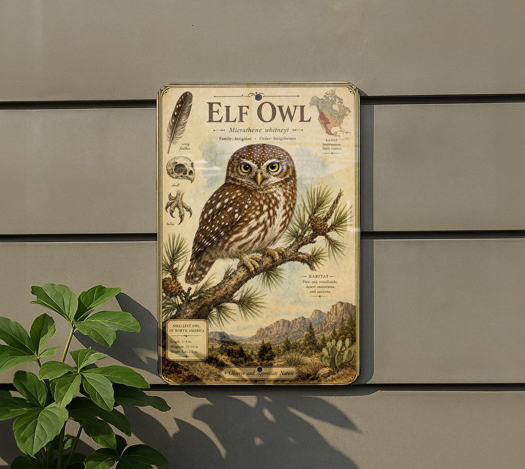 Elf Owl Metal Sign, Vintage Natural History Bird Plate, Scientific Name, Range Map, Habitat Notes, Cabin Lodge Wall Decor — photo 5