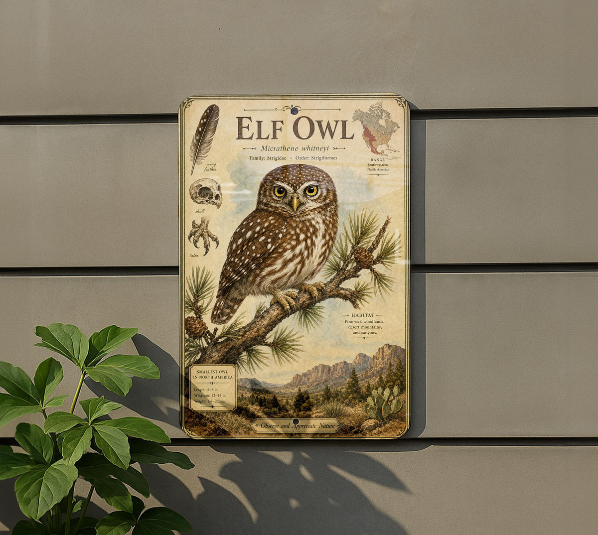Elf Owl Metal Sign, Vintage Natural History Bird Plate, Scientific Name, Range Map, Habitat Notes, Cabin Lodge Wall Decor — photo 5
