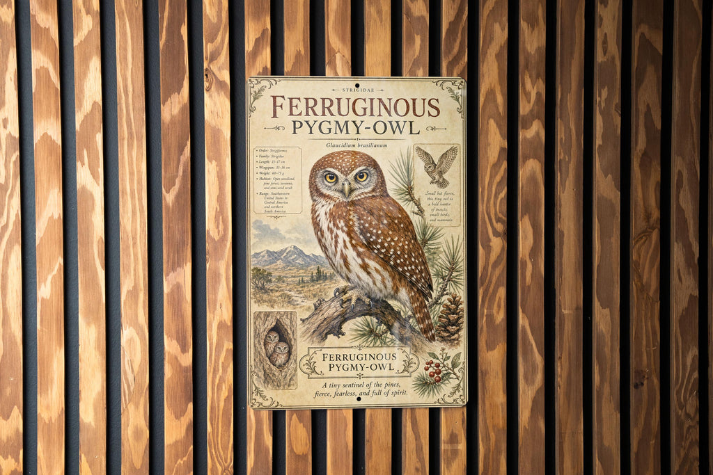 Ferruginous Pygmy Owl Metal Sign, Vintage Natural History Bird Plate, Scientific Name Range Map Habitat Notes, Audubon Decor — photo 1