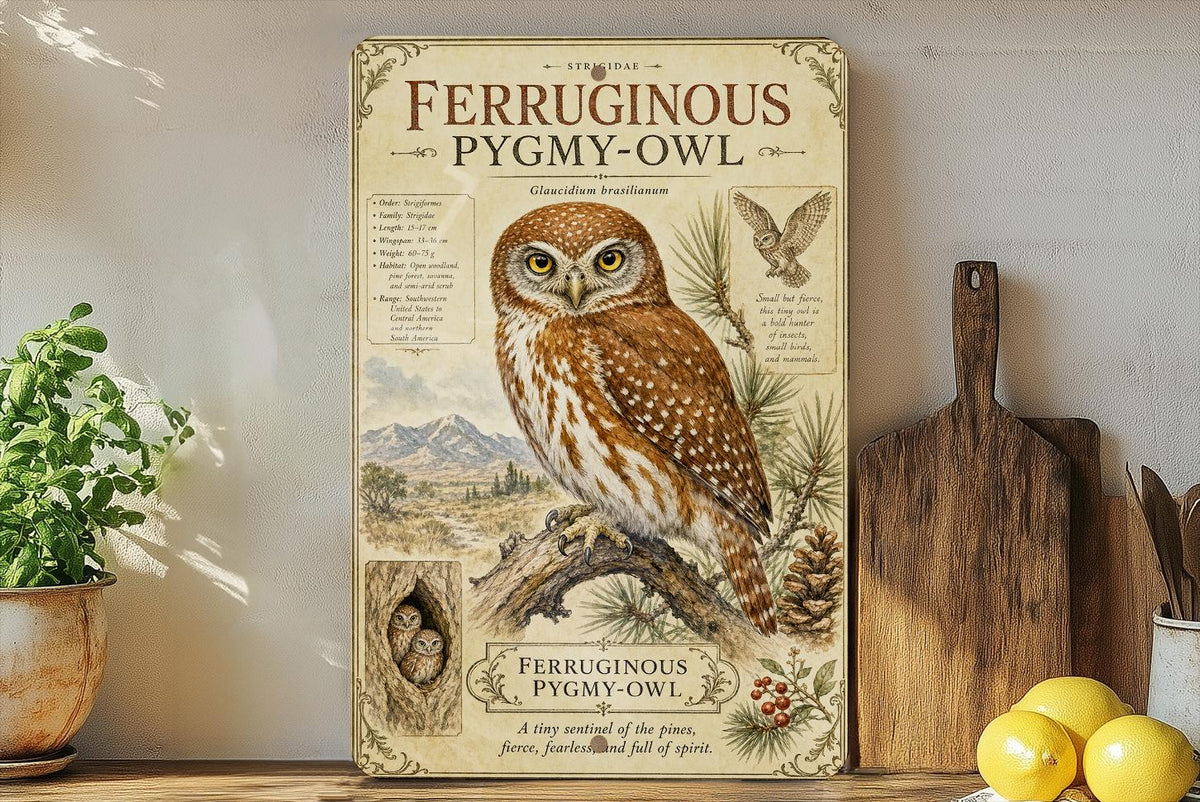 Ferruginous Pygmy Owl Metal Sign, Vintage Natural History Bird Plate, Scientific Name Range Map Habitat Notes, Audubon Decor — photo 3