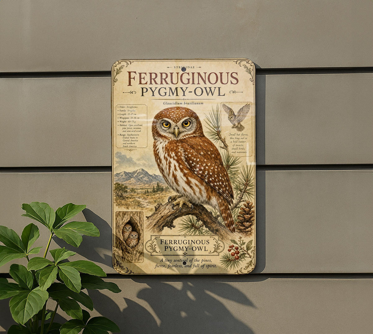 Ferruginous Pygmy Owl Metal Sign, Vintage Natural History Bird Plate, Scientific Name Range Map Habitat Notes, Audubon Decor — photo 5