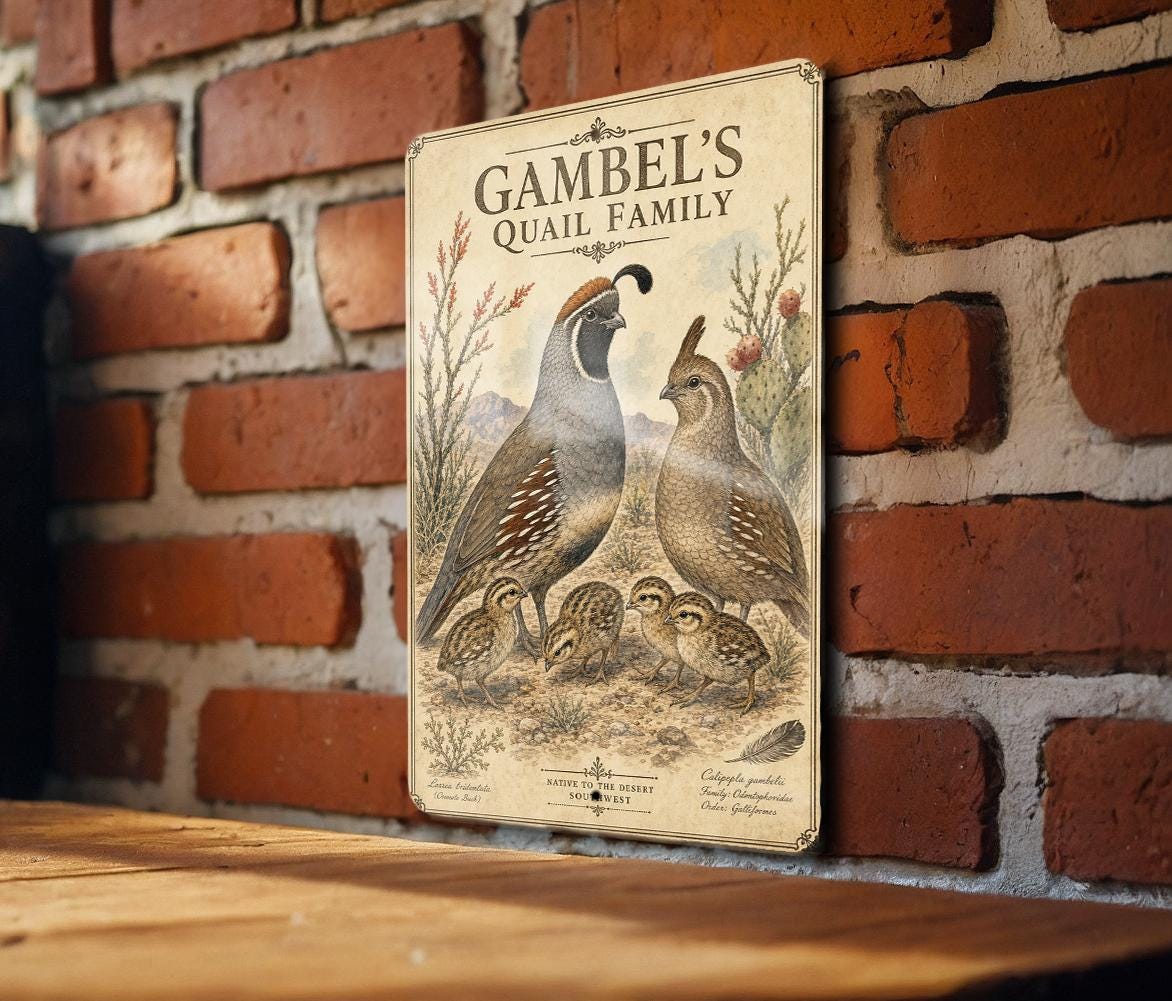 Gambel's Quail Family Metal Sign, Vintage Natural History Bird Illustration, Scientific Name, Range Map, Habitat Notes Wall Decor — photo 1