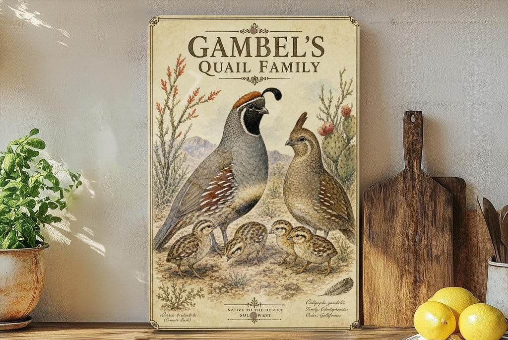 Gambel's Quail Family Metal Sign, Vintage Natural History Bird Illustration, Scientific Name, Range Map, Habitat Notes Wall Decor — photo 3
