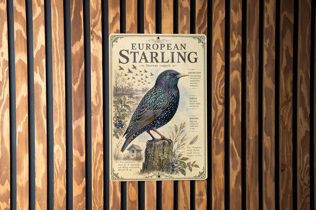 European Starling Metal Sign, Audubon-Inspired Natural History Bird Plate, Scientific Name, Range Map, Habitat Notes Wall Decor — photo 2
