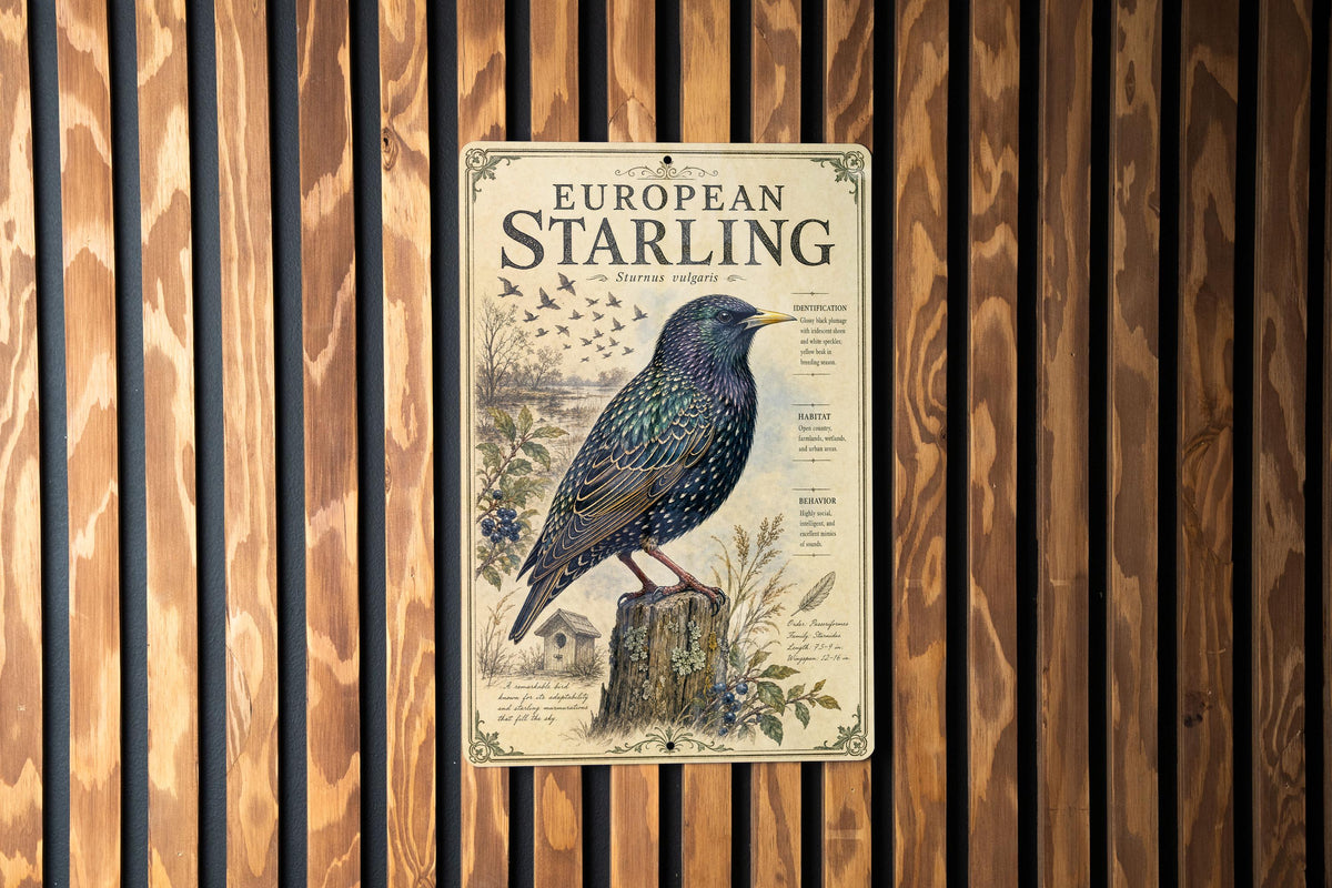 European Starling Metal Sign, Audubon-Inspired Natural History Bird Plate, Scientific Name, Range Map, Habitat Notes Wall Decor — photo 2