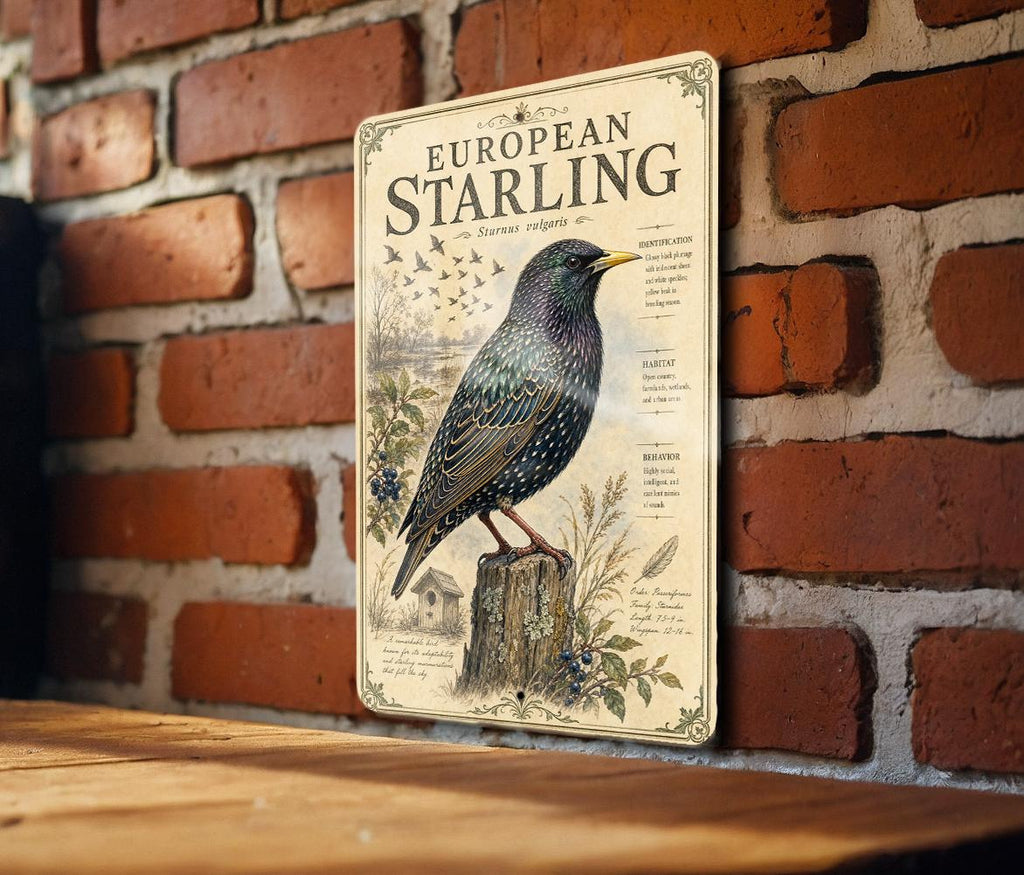 European Starling Metal Sign, Audubon-Inspired Natural History Bird Plate, Scientific Name, Range Map, Habitat Notes Wall Decor — photo 3