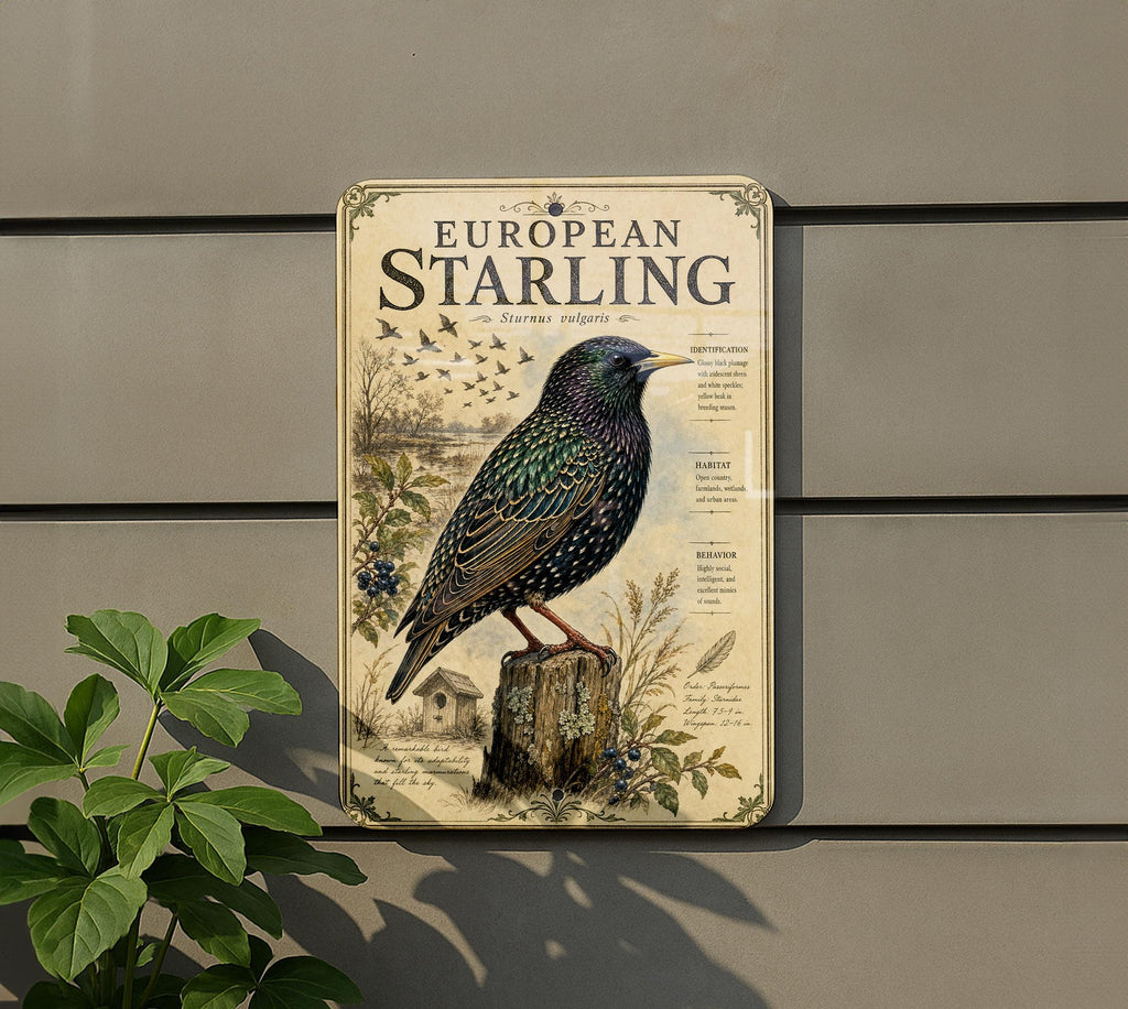 European Starling Metal Sign, Audubon-Inspired Natural History Bird Plate, Scientific Name, Range Map, Habitat Notes Wall Decor — photo 5