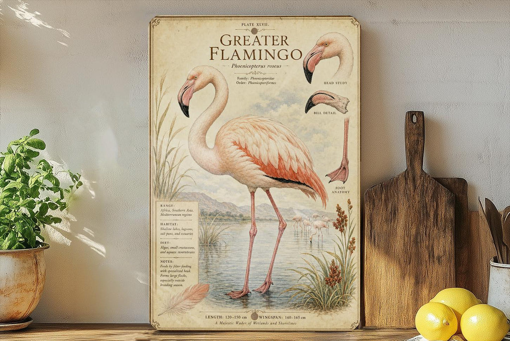 Greater Flamingo Metal Sign, Audubon-Inspired Ornithology Specimen Plate with Scientific Name, Range Map & Habitat Scene Wall Decor — photo 1