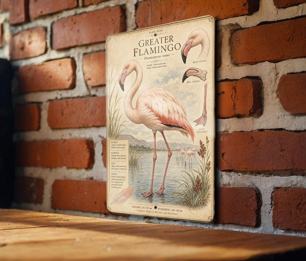 Greater Flamingo Metal Sign, Audubon-Inspired Ornithology Specimen Plate with Scientific Name, Range Map & Habitat Scene Wall Decor — photo 2