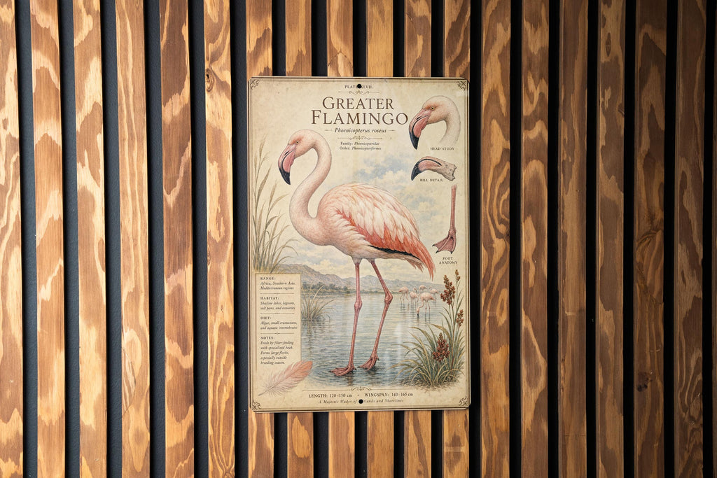 Greater Flamingo Metal Sign, Audubon-Inspired Ornithology Specimen Plate with Scientific Name, Range Map & Habitat Scene Wall Decor — photo 3