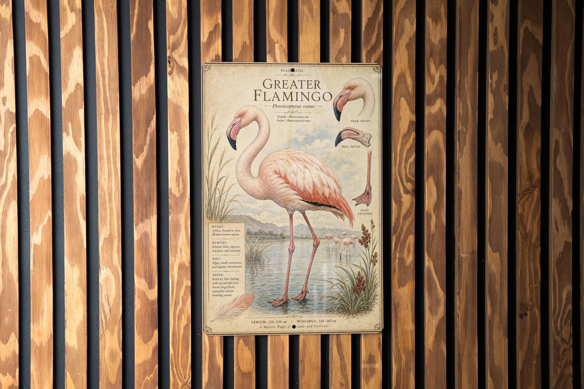 Greater Flamingo Metal Sign, Audubon-Inspired Ornithology Specimen Plate with Scientific Name, Range Map & Habitat Scene Wall Decor — photo 3