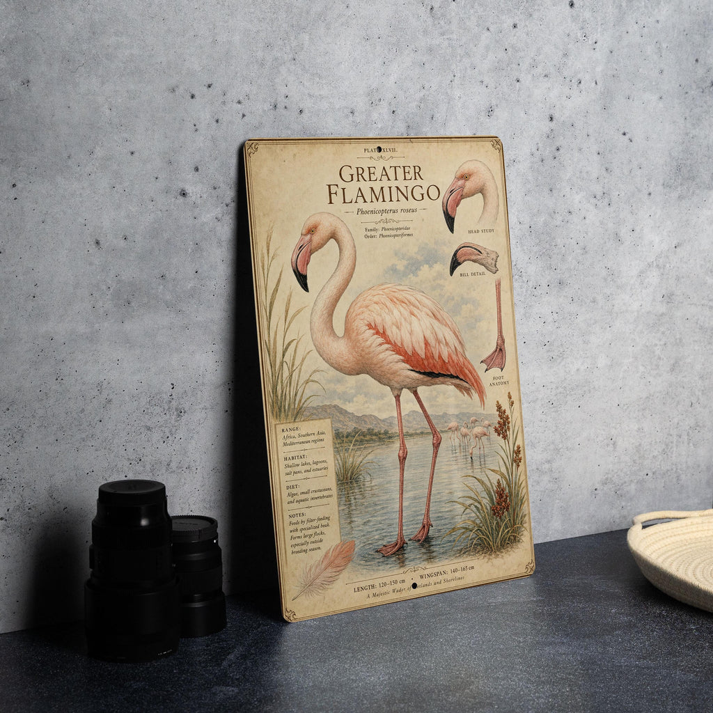 Greater Flamingo Metal Sign, Audubon-Inspired Ornithology Specimen Plate with Scientific Name, Range Map & Habitat Scene Wall Decor — photo 4