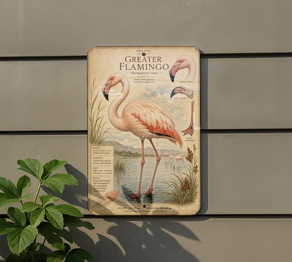 Greater Flamingo Metal Sign, Audubon-Inspired Ornithology Specimen Plate with Scientific Name, Range Map & Habitat Scene Wall Decor — photo 5
