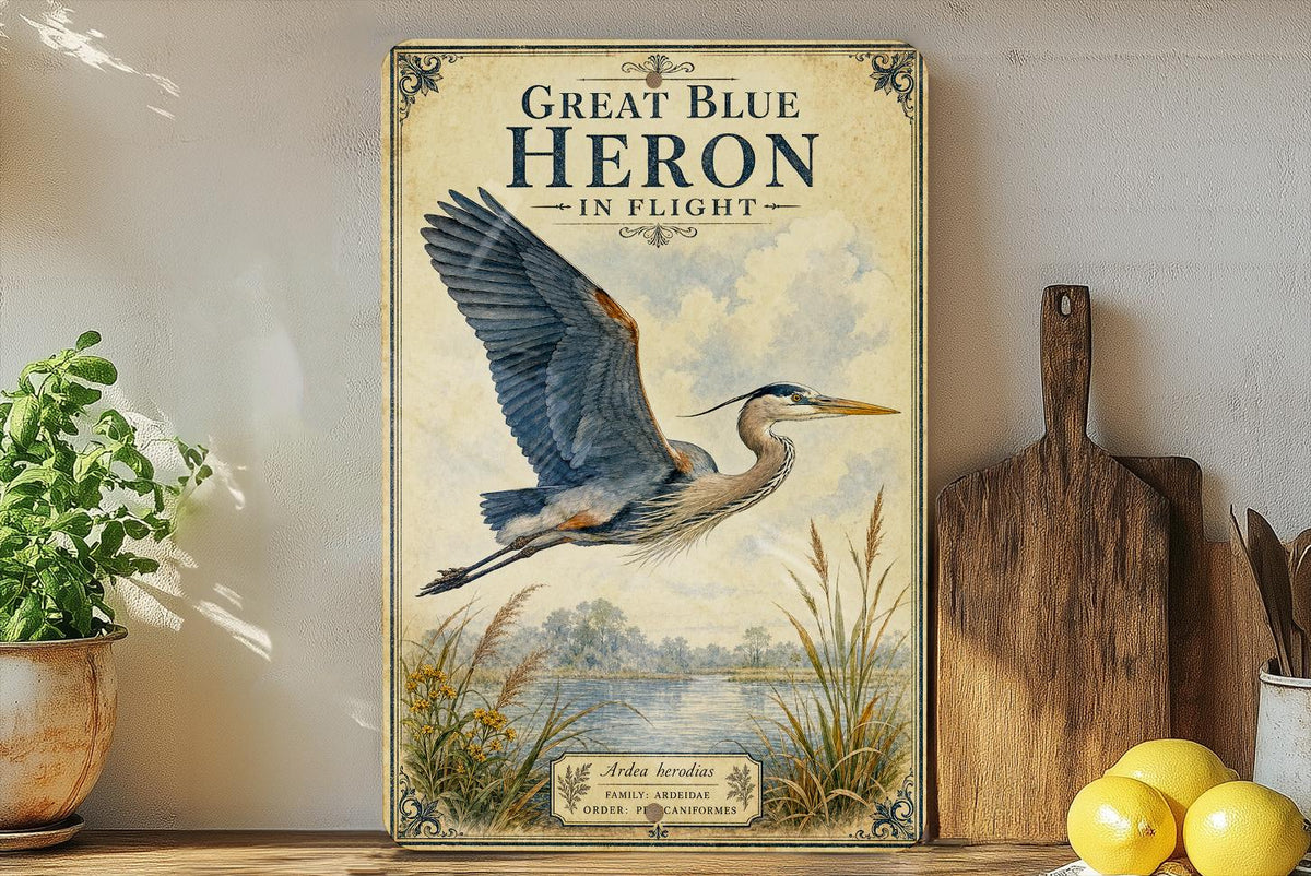 Great Blue Heron in Flight Metal Sign, Audubon Ornithology Illustration, Scientific Name Range Map Notes, Natural History Wall Decor — photo 2