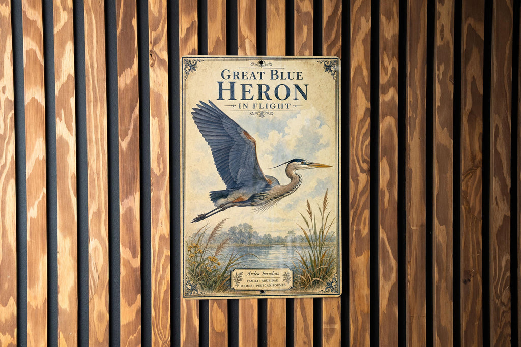 Great Blue Heron in Flight Metal Sign, Audubon Ornithology Illustration, Scientific Name Range Map Notes, Natural History Wall Decor — photo 3