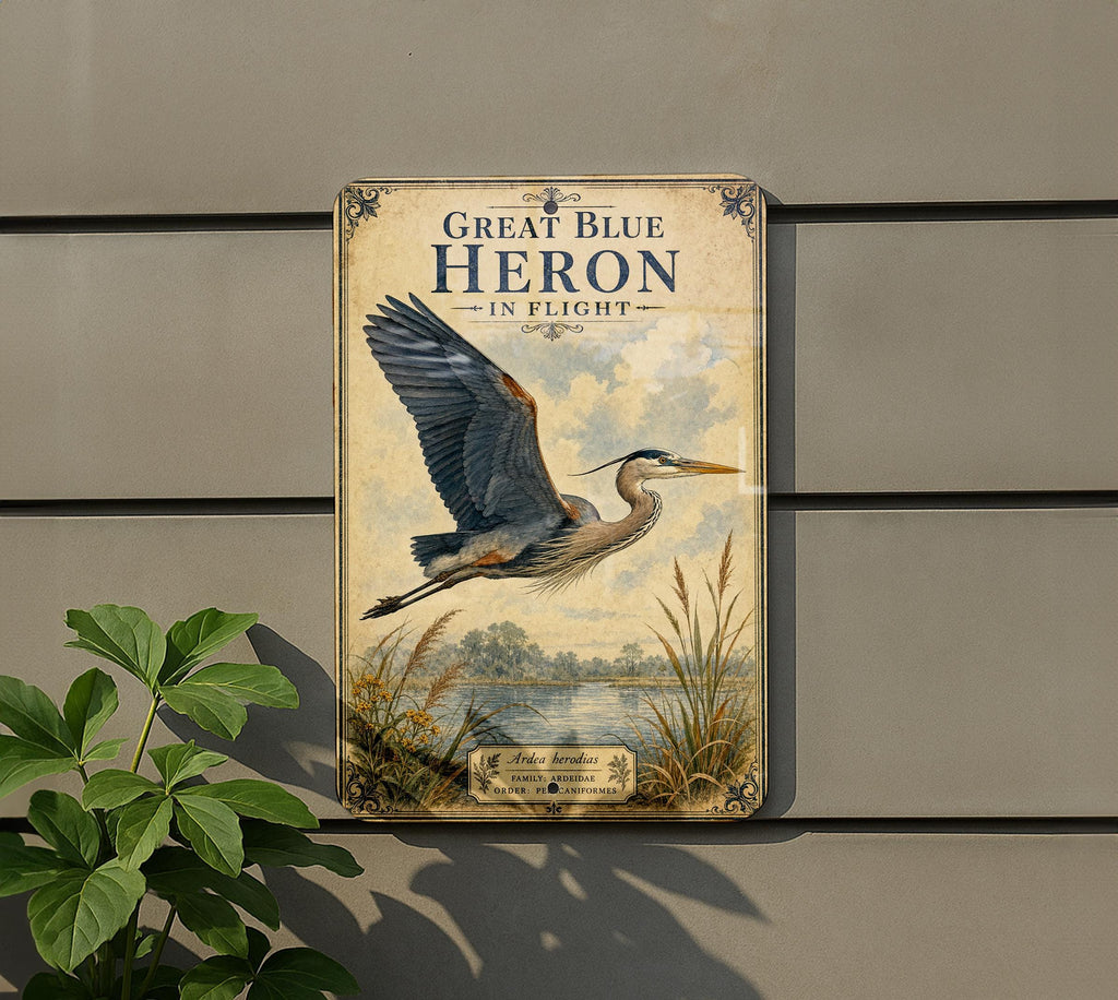 Great Blue Heron in Flight Metal Sign, Audubon Ornithology Illustration, Scientific Name Range Map Notes, Natural History Wall Decor — photo 5