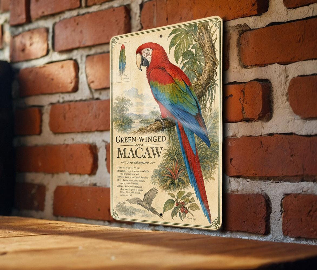 Green-Winged Macaw Metal Sign, Vintage Natural History Bird Plate, Scientific Name Range Map Habitat Notes Wall Decor — photo 2