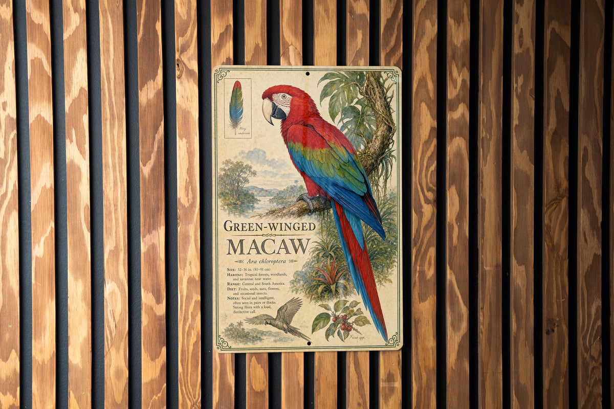 Green-Winged Macaw Metal Sign, Vintage Natural History Bird Plate, Scientific Name Range Map Habitat Notes Wall Decor — photo 3