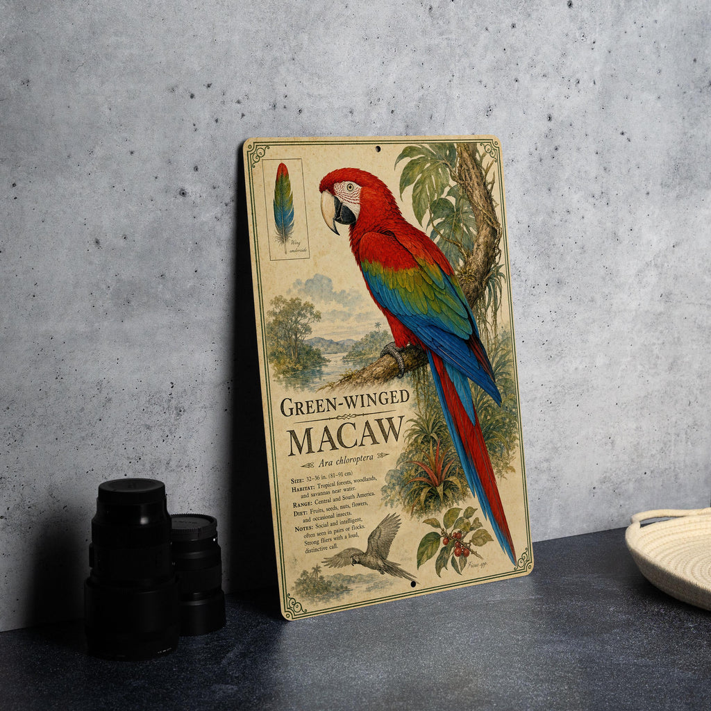 Green-Winged Macaw Metal Sign, Vintage Natural History Bird Plate, Scientific Name Range Map Habitat Notes Wall Decor — photo 4