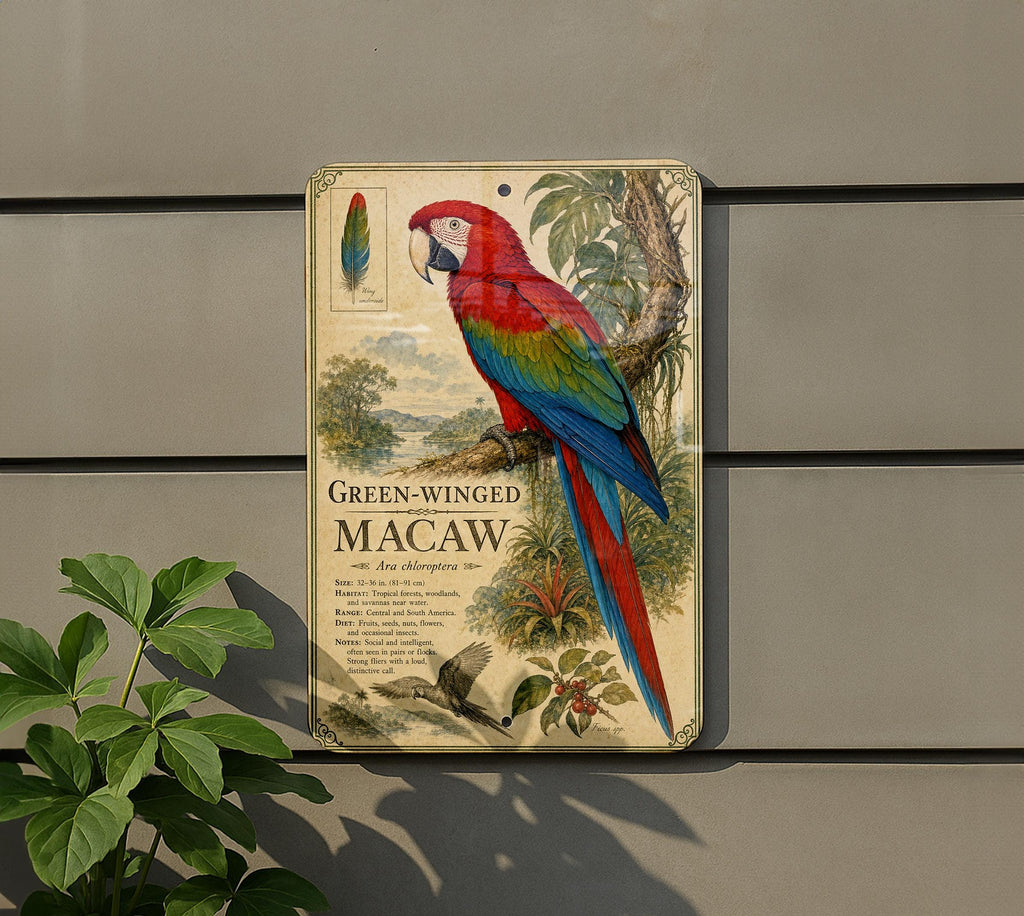 Green-Winged Macaw Metal Sign, Vintage Natural History Bird Plate, Scientific Name Range Map Habitat Notes Wall Decor — photo 5