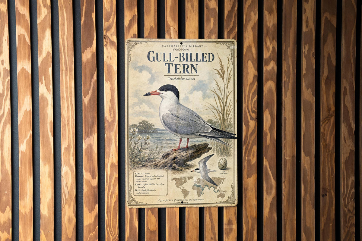 Gull-billed Tern Metal Sign Vintage Natural History Ornithology Specimen Plate with Scientific Name Range Map Habitat Notes — photo 1