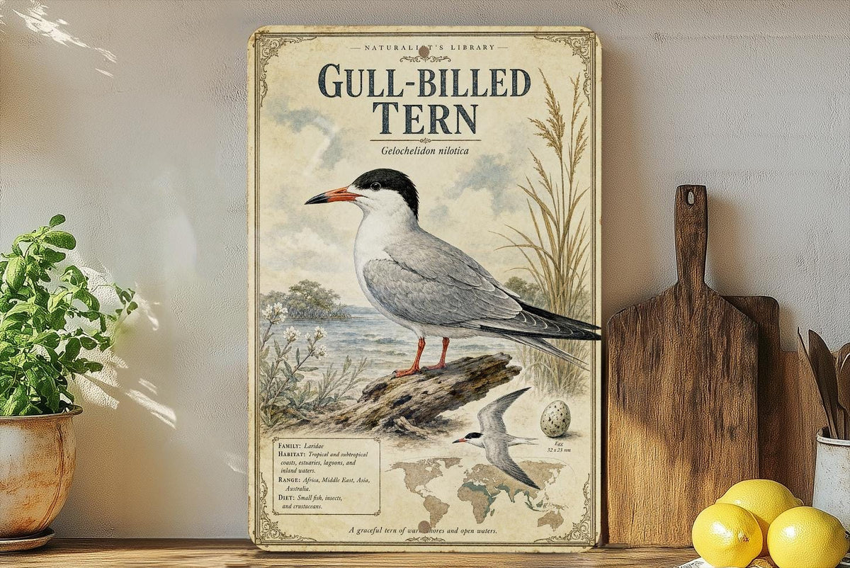 Gull-billed Tern Metal Sign Vintage Natural History Ornithology Specimen Plate with Scientific Name Range Map Habitat Notes — photo 2