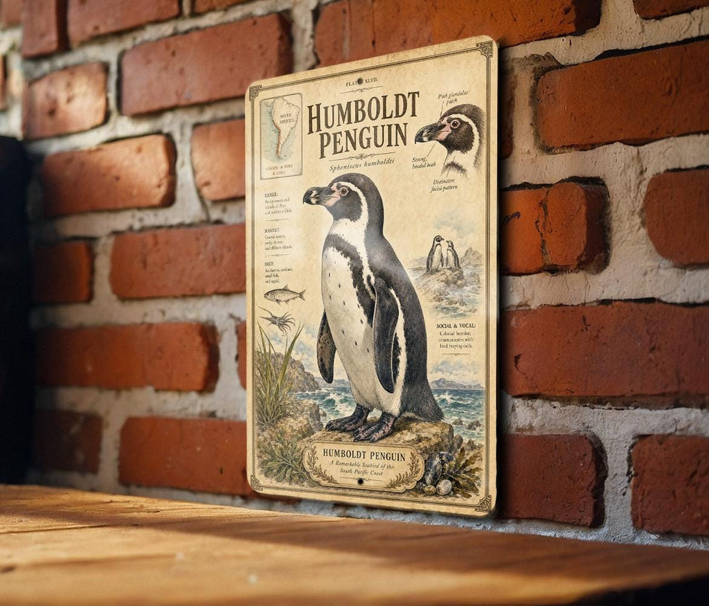 Humboldt Penguin Metal Sign, Natural History Specimen Plate, Scientific Name, Range Map, Habitat Notes, Birdwatcher Decor — photo 1