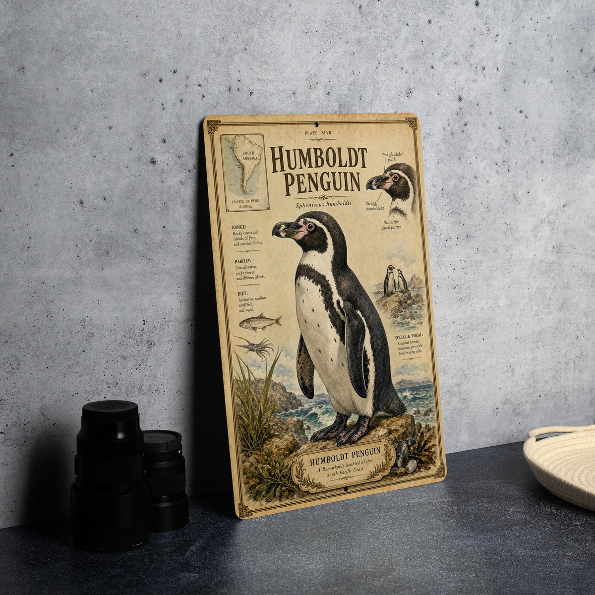 Humboldt Penguin Metal Sign, Natural History Specimen Plate, Scientific Name, Range Map, Habitat Notes, Birdwatcher Decor — photo 4