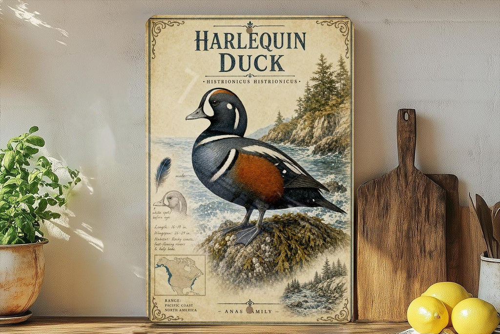 Harlequin Duck Metal Sign Vintage Natural History Bird Plate Scientific Name Range Map Habitat Notes Cabin Lodge Decor — photo 1