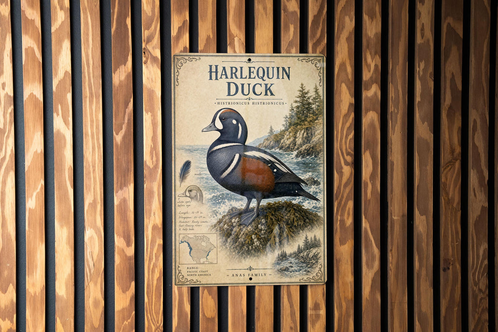 Harlequin Duck Metal Sign Vintage Natural History Bird Plate Scientific Name Range Map Habitat Notes Cabin Lodge Decor — photo 2