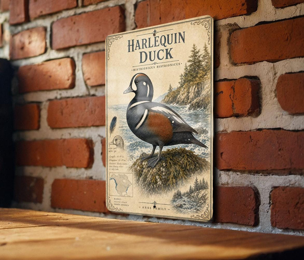 Harlequin Duck Metal Sign Vintage Natural History Bird Plate Scientific Name Range Map Habitat Notes Cabin Lodge Decor — photo 3