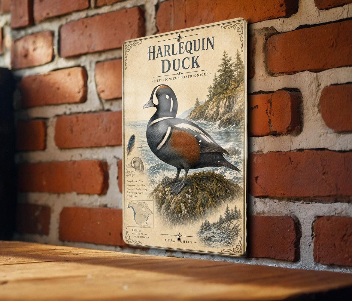 Harlequin Duck Metal Sign Vintage Natural History Bird Plate Scientific Name Range Map Habitat Notes Cabin Lodge Decor — photo 3
