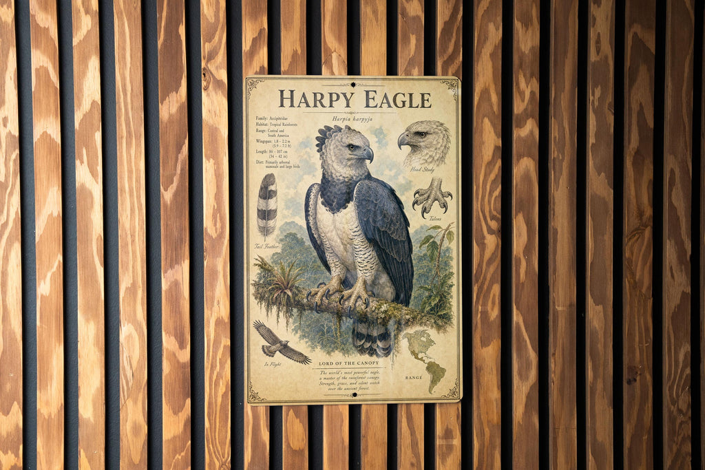 Harpy Eagle Metal Sign, Vintage Natural History Bird Plate, Audubon Ornithology Wall Decor, Scientific Name Range Map Notes — photo 1